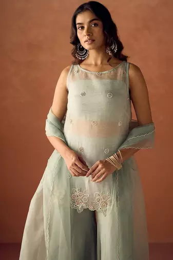 pista crush silk blend kurta palazzo set - embroidered organza dupatta suit
