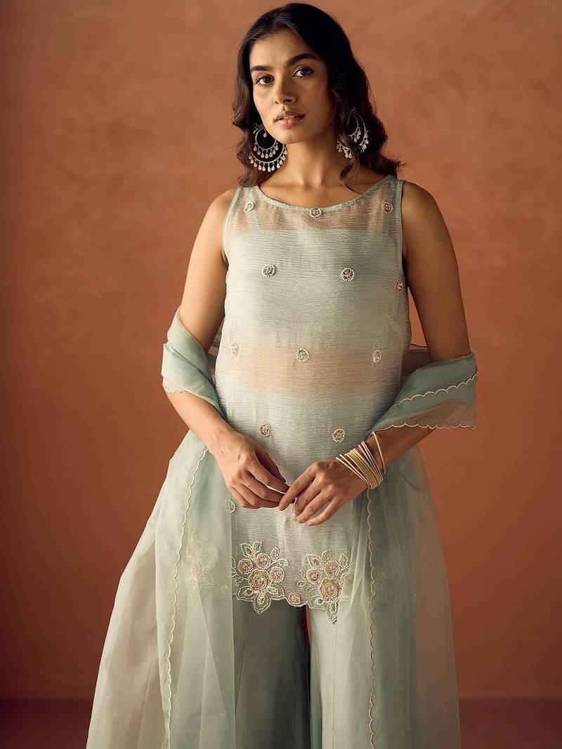 pista crush silk blend kurta palazzo set - embroidered organza dupatta suit