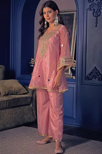 peach crepe silk blend kurta pant set - sequin embroidered salwar suit