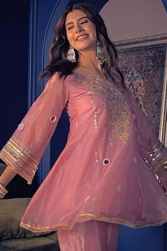 peach crepe silk blend kurta pant set - sequin embroidered salwar suit