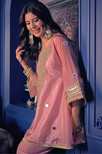 peach crepe silk blend kurta pant set - sequin embroidered salwar suit