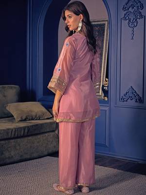 peach crepe silk blend kurta pant set - sequin embroidered salwar suit 5