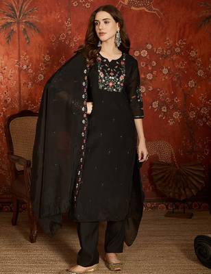 women's embroidered cotton blend kurta pant with dupatta set | silk blend pants | ethnic suit set 1