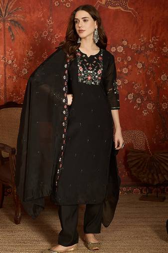 women's embroidered cotton blend kurta pant with dupatta set | silk blend pants | ethnic suit set