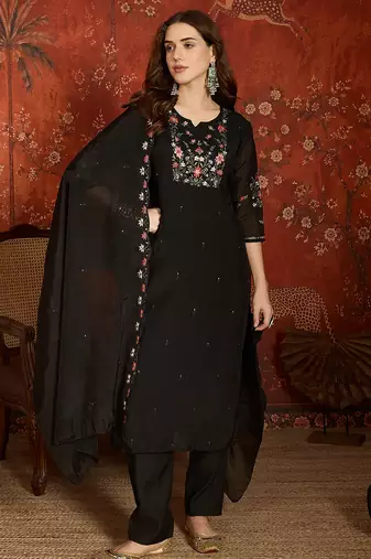 women's embroidered cotton blend kurta pant with dupatta set | silk blend pants | ethnic suit set