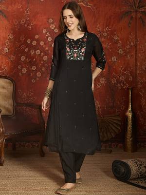 women's embroidered cotton blend kurta pant with dupatta set | silk blend pants | ethnic suit set 3