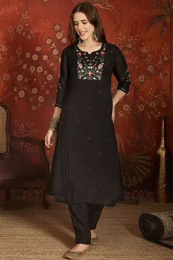 women's embroidered cotton blend kurta pant with dupatta set | silk blend pants | ethnic suit set