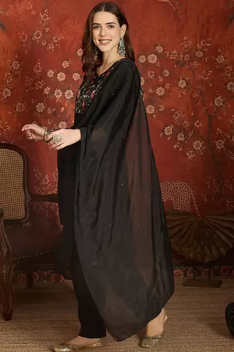 women's embroidered cotton blend kurta pant with dupatta set | silk blend pants | ethnic suit set