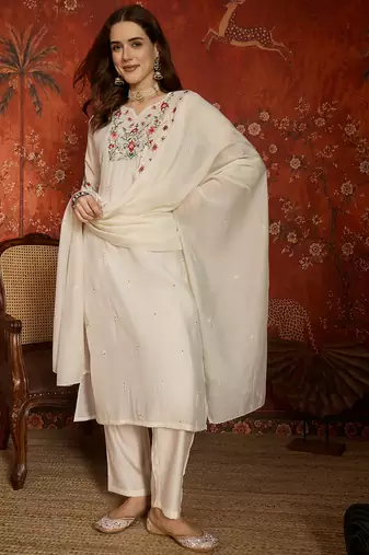 women's embroidered cotton blend kurta pant with dupatta set | cream ethnic suit set
