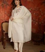 women's embroidered cotton blend kurta pant with dupatta set | cream ethnic suit set