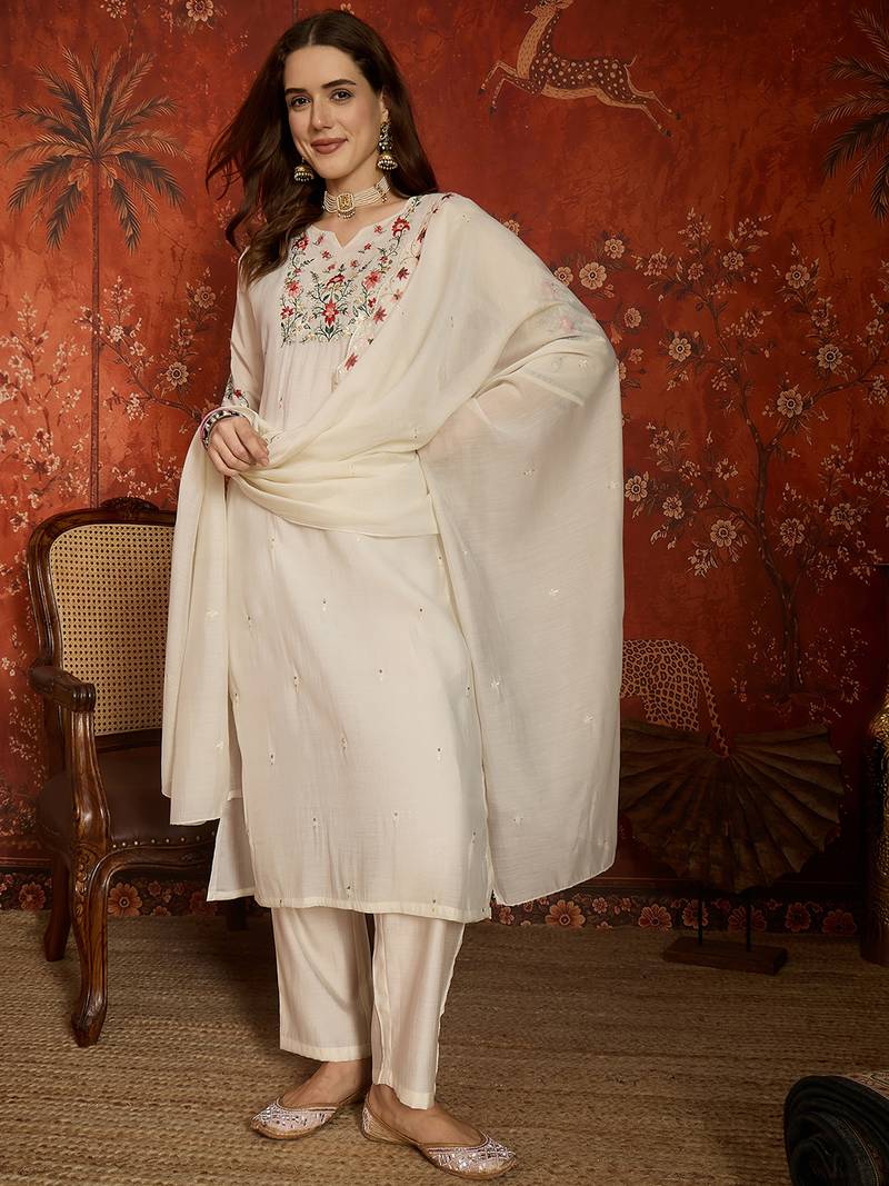 women's embroidered cotton blend kurta pant with dupatta set | cream ethnic suit set