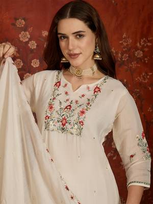 women's embroidered cotton blend kurta pant with dupatta set | cream ethnic suit set 2