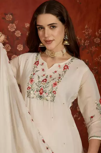 women's embroidered cotton blend kurta pant with dupatta set | cream ethnic suit set