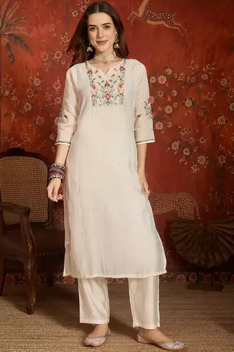 women's embroidered cotton blend kurta pant with dupatta set | cream ethnic suit set