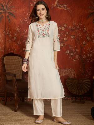 women's embroidered cotton blend kurta pant with dupatta set | cream ethnic suit set 4