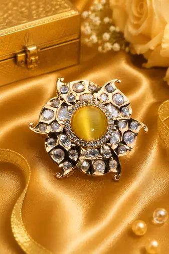 Golden glow gold finish american diamond adjustable ring