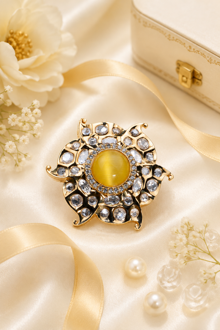 Golden glow gold finish american diamond adjustable ring