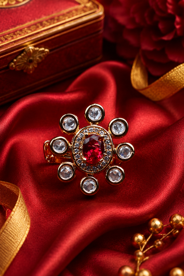 Ruby Glow Gold Finish Adjustable Ring