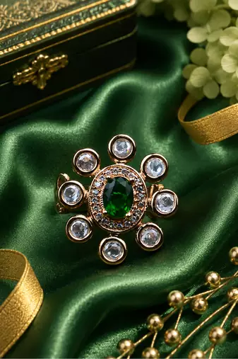 Emerald glow gold finish adjustable ring
