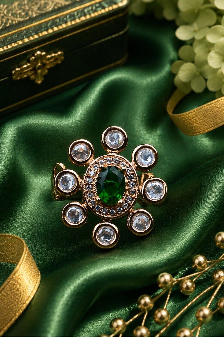 Emerald glow gold finish adjustable ring