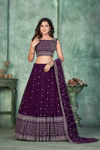 Purple Sequins Embroidered Georgette A Line Bridal Lehenga Choli with Dupatta