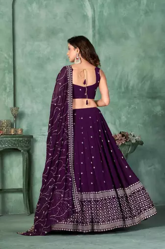 Purple Sequins Embroidered Georgette A Line Bridal Lehenga Choli with Dupatta