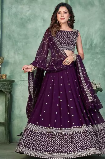 Purple Sequins Embroidered Georgette A Line Bridal Lehenga Choli with Dupatta