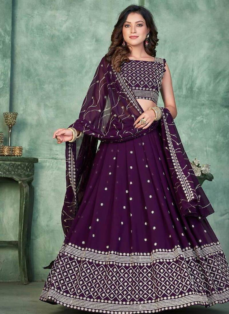 Purple Sequins Embroidered Georgette A Line Bridal Lehenga Choli with Dupatta