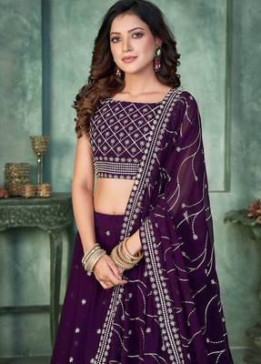 Purple Sequins Embroidered Georgette A Line Bridal Lehenga Choli with Dupatta 4