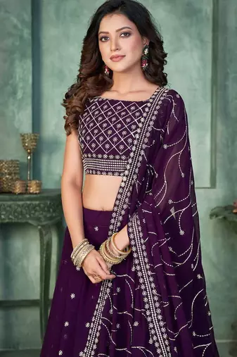 Purple Sequins Embroidered Georgette A Line Bridal Lehenga Choli with Dupatta