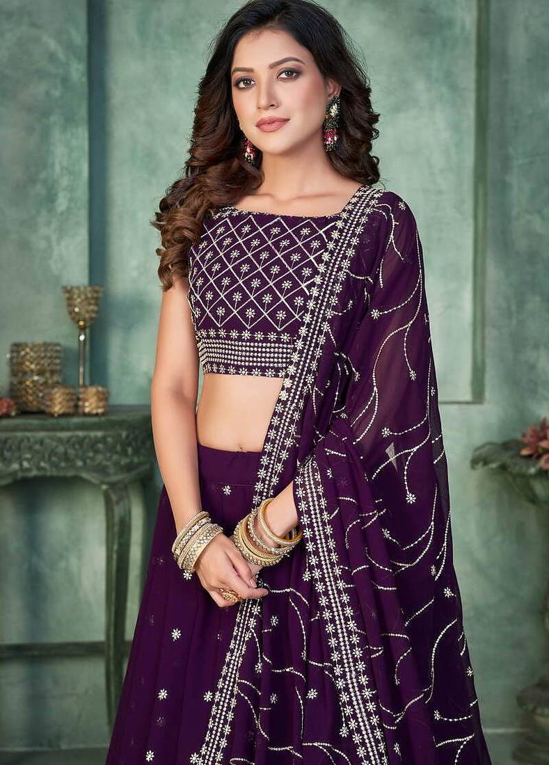 Purple Sequins Embroidered Georgette A Line Bridal Lehenga Choli with Dupatta