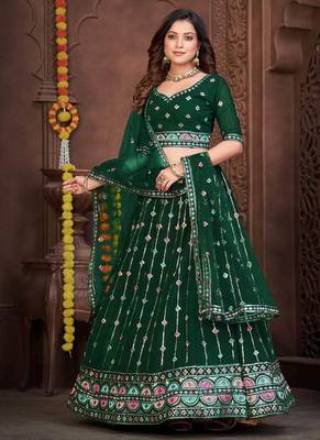 Dark Green Sequins Embroidered Georgette A Line Lehenga Choli with Net Dupatta 1