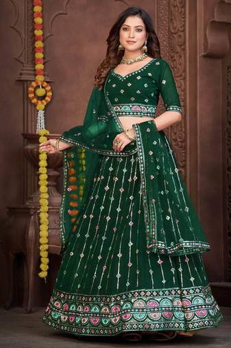 Dark Green Sequins Embroidered Georgette A Line Lehenga Choli with Net Dupatta