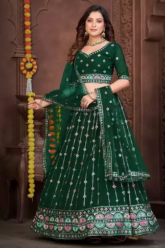 Dark Green Sequins Embroidered Georgette A Line Lehenga Choli with Net Dupatta
