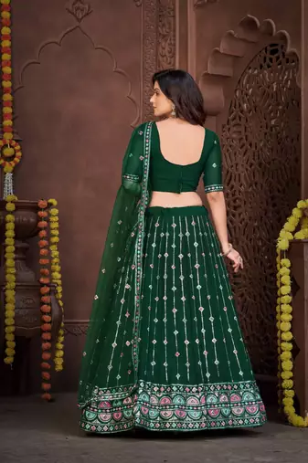 Dark Green Sequins Embroidered Georgette A Line Lehenga Choli with Net Dupatta