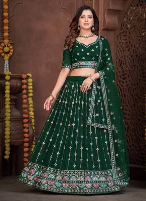 Dark Green Sequins Embroidered Georgette A Line Lehenga Choli with Net Dupatta 3