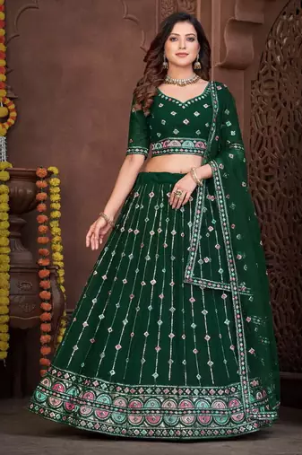 Dark Green Sequins Embroidered Georgette A Line Lehenga Choli with Net Dupatta