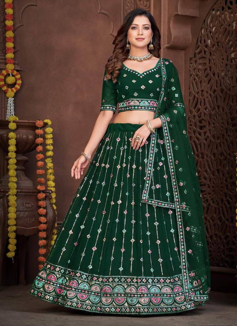 Dark Green Sequins Embroidered Georgette A Line Lehenga Choli with Net Dupatta
