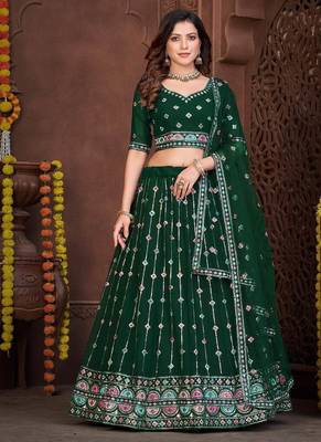 Dark Green Sequins Embroidered Georgette A Line Lehenga Choli with Net Dupatta 4