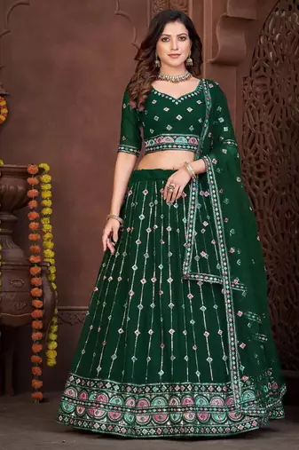 Dark Green Sequins Embroidered Georgette A Line Lehenga Choli with Net Dupatta