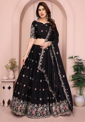 Black Sequins Embroidered Georgette A Line Bridal Lehenga Choli with Dupatta 1