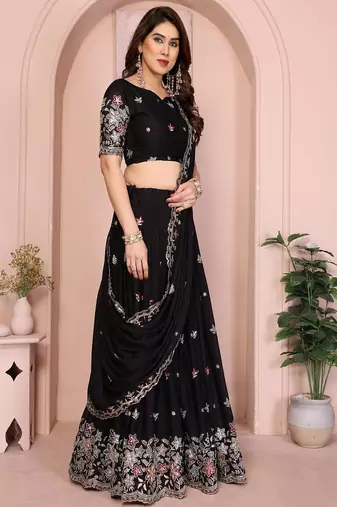 Black Sequins Embroidered Georgette A Line Bridal Lehenga Choli with Dupatta