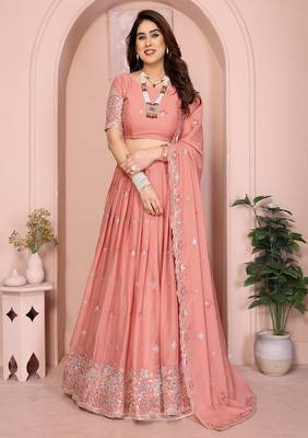 Peach Sequins Embroidered Georgette A Line Lehenga Choli with Dupatta 1