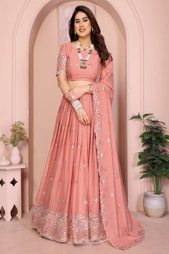Peach Sequins Embroidered Georgette A Line Lehenga Choli with Dupatta