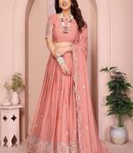 Peach Sequins Embroidered Georgette A Line Lehenga Choli with Dupatta