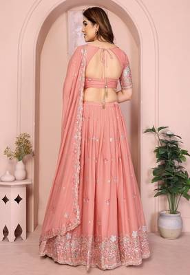 Peach Sequins Embroidered Georgette A Line Lehenga Choli with Dupatta 2