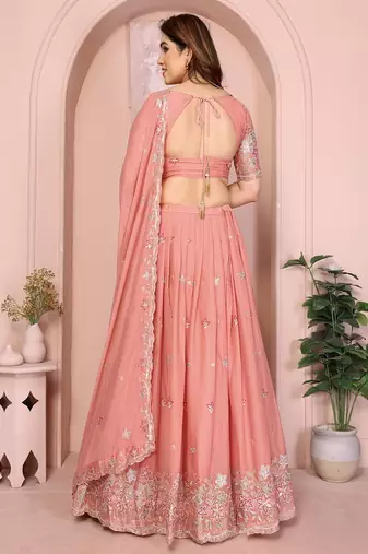 Peach Sequins Embroidered Georgette A Line Lehenga Choli with Dupatta