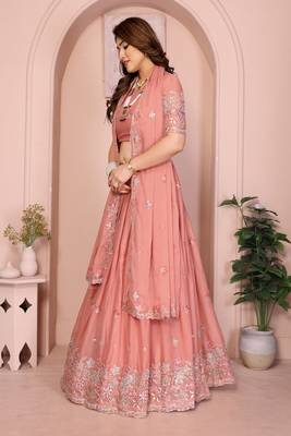 Peach Sequins Embroidered Georgette A Line Lehenga Choli with Dupatta 3