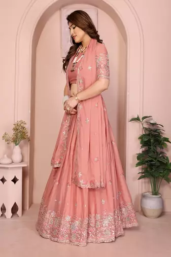 Peach Sequins Embroidered Georgette A Line Lehenga Choli with Dupatta