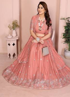 Peach Sequins Embroidered Georgette A Line Lehenga Choli with Dupatta 4